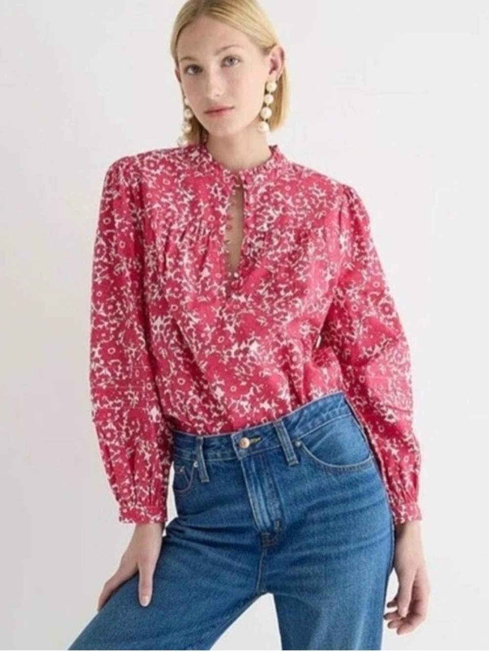 J. Crew Pink Floral Long Sleeve Popover Blouse Top XS